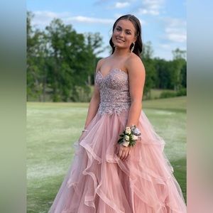 Pink layered ballgown for prom! Size 4, lace up back. Beaded top, worn once.